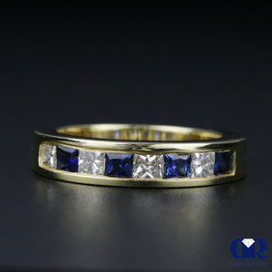 Women's Princess Cut & Sapphire Wedding Channel Setting Band Anniversary Ring 14K Yellow Gold - Diamond Rise Jewelry