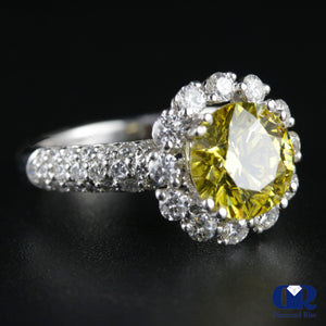 3.66 Carat Round Cut Fancy Yellow Halo Engagement Ring In 18K White Gold - Diamond Rise Jewelry