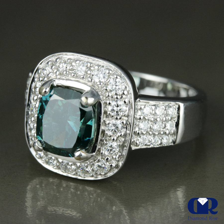 2.86 Carat Cushion Cut Blue Diamond Halo Engagement Ring In 18K White Gold - Diamond Rise Jewelry