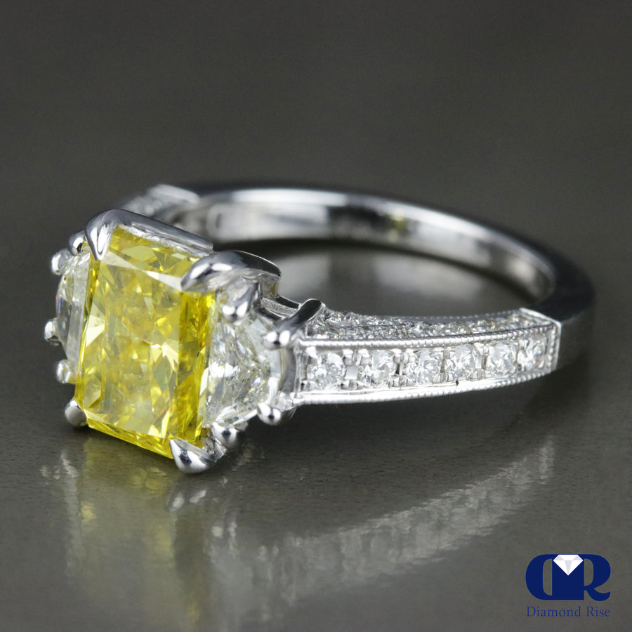3.34 Carat Radiant Cut Fancy Yellow Diamond Engagement Ring In 14K White Gold - Diamond Rise Jewelry