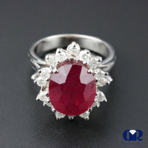 6.67 Carat Oval Ruby & Diamond Cocktail Ring Right Hand Fashion Ring In 14K White Gold - Diamond Rise Jewelry