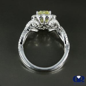 2.45 Carat Fancy Yellow Cushion Cut Diamond Twisted Engagement Ring In 18K White Gold - Diamond Rise Jewelry