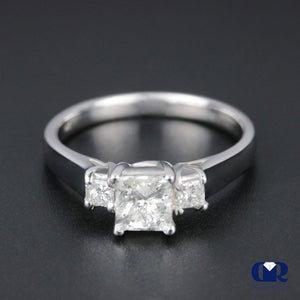 0.91 Carat Princess Cut Diamond Three Stone Engagement Ring In 14K White Gold - Diamond Rise Jewelry