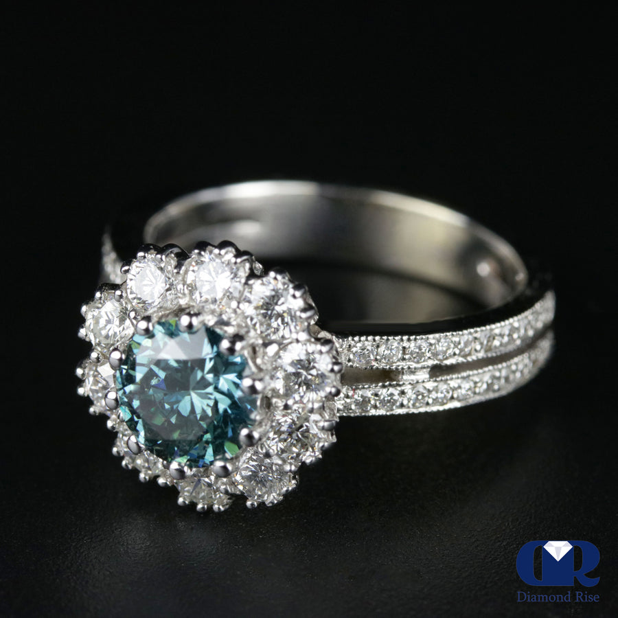 2.34 Carat Round Cut Blue Diamond Halo Engagement Ring In 14K White Gold - Diamond Rise Jewelry
