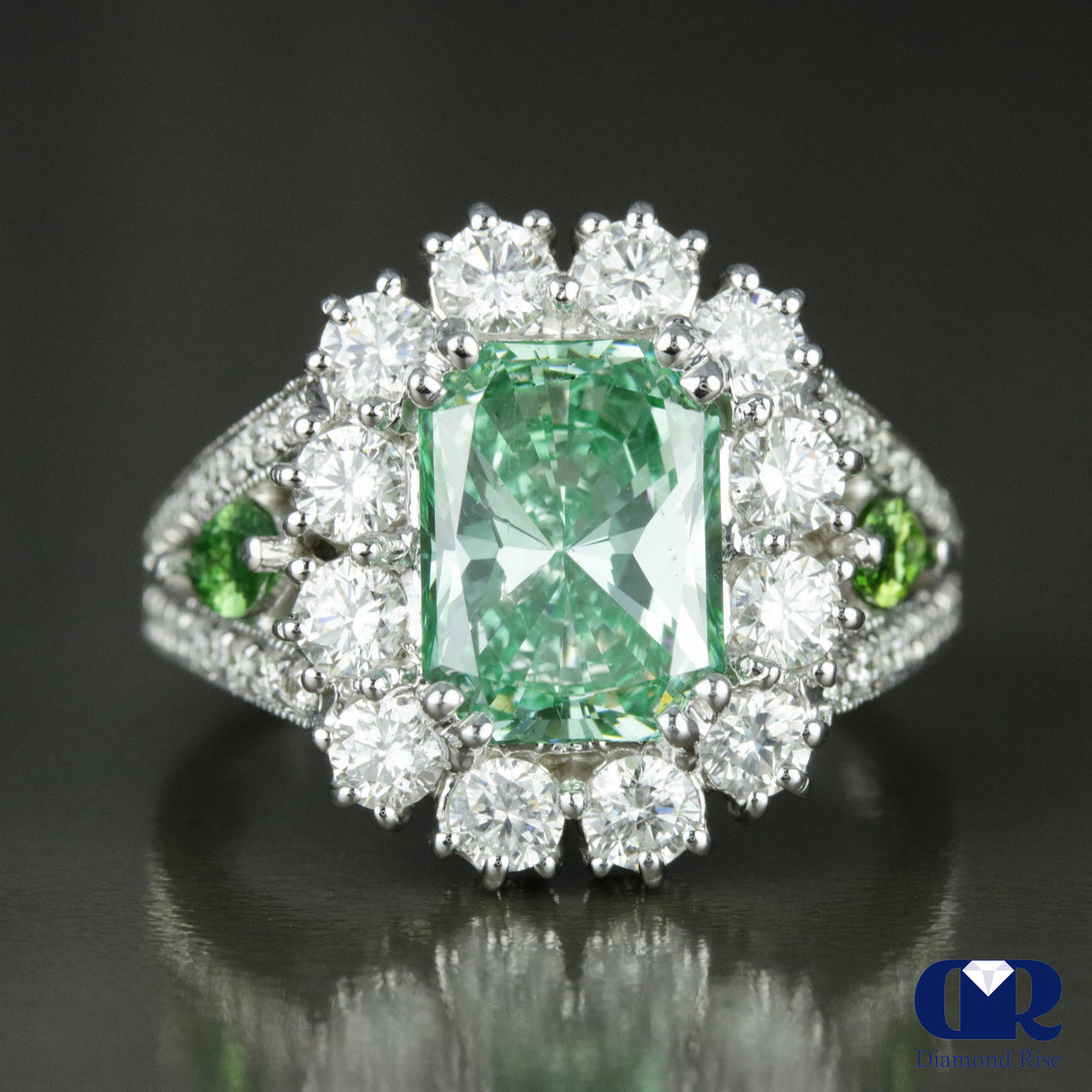 3.90 Carat Fancy Green Radiant Cut Diamond Halo Engagement Ring In 14K White Gold - Diamond Rise Jewelry