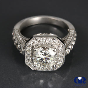 2.94 Carat Round Cut Diamond Halo Engagement Ring In 14K White Gold