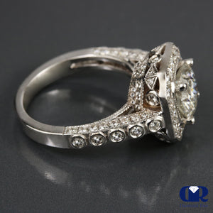 2.94 Carat Round Cut Diamond Halo Engagement Ring In 14K White Gold