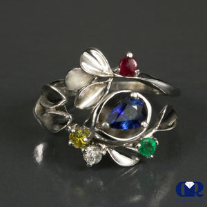 Natural Sapphire Diamond and Gemstone Cocktail Ring Right Hand Ring 14K Gold