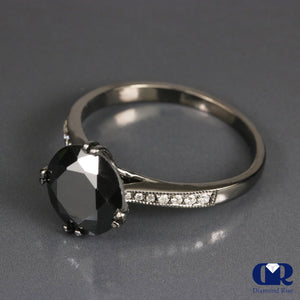 3.12 Carat Round Cut Black Diamond Engagement Ring In 14K White Gold