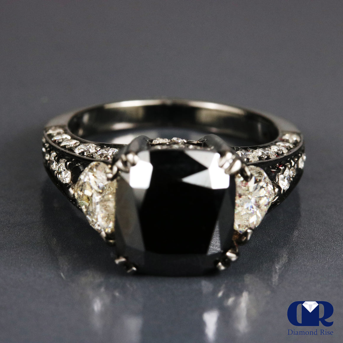 4.65 Carat Cushion Cut Black Diamond Engagement Ring In 14K White Gold