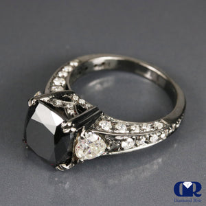 4.65 Carat Cushion Cut Black Diamond Engagement Ring In 14K White Gold