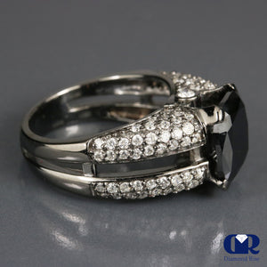 4.45 Carat Cushion Cut Black & White Diamond Split Shank Engagement Ring 14K Gold