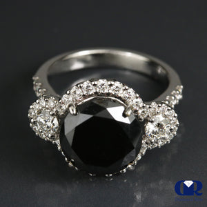 5.02 Carat Black Round Cut Diamond Halo Engagement Ring In 18K White Gold