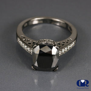 3.50 Carat Cushion Cut Black Diamond Engagement Ring In 14K Gold