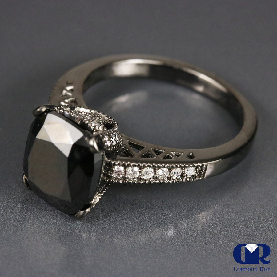 3.50 Carat Cushion Cut Black Diamond Engagement Ring In 14K Gold