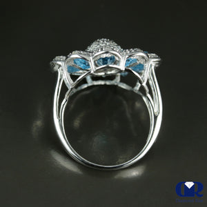 5.50 Ct Blue Topaz & Diamond Cocktail & Right Hand Ring In 18K White Gold - Diamond Rise Jewelry