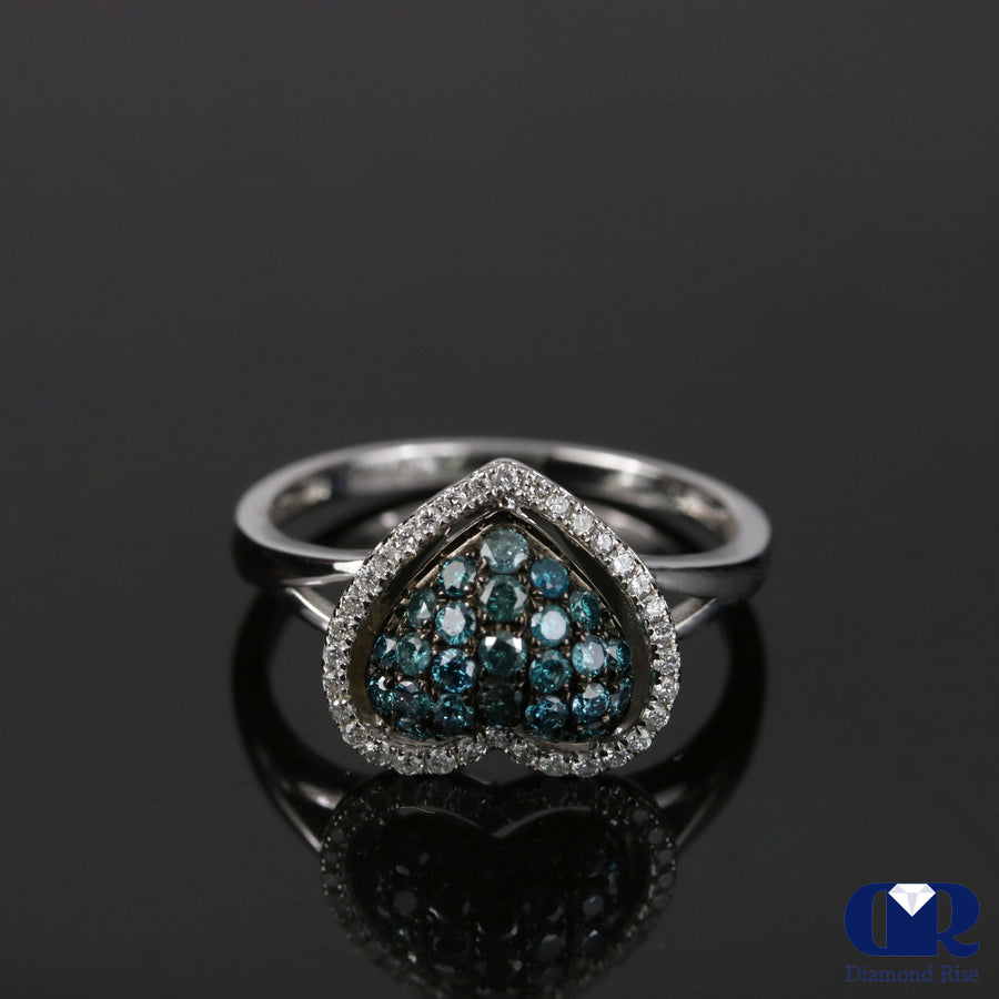 0.85 Ct White & Bule Diamond Heart Shaped Engagement Ring 14K Gold - Diamond Rise Jewelry
